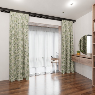 Graceful Green Leaf Pattern Cream Cotton Curtain